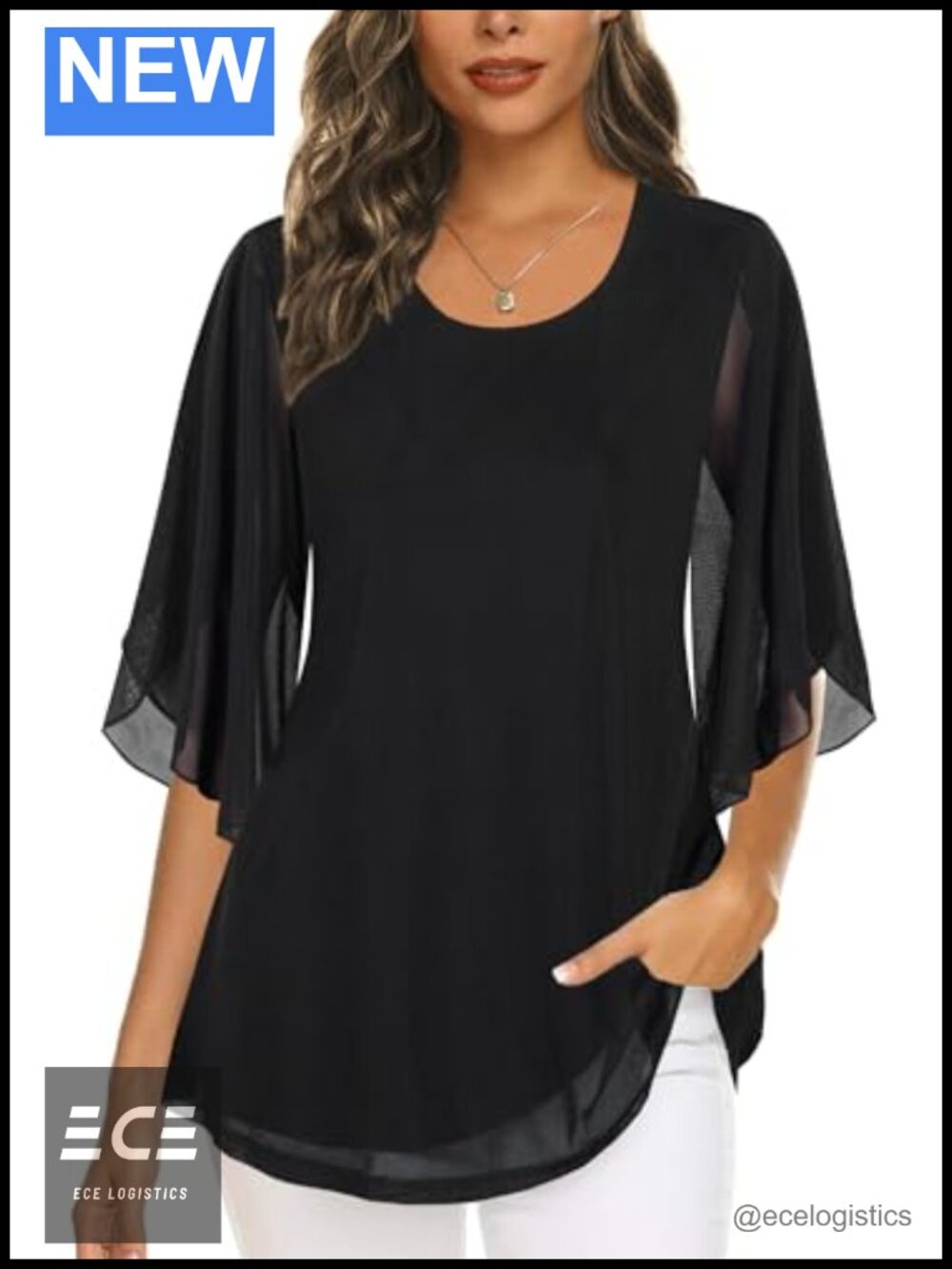 Women's Mesh Tunic Top 3/4 Sleeve Dressy Casual Blouse